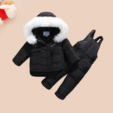 Children Clothing Set Jumpsuit Snow Jacket+bib Pant 2pcs Set Baby Boy Girls Duck Down Jacket Co white Fur Hood 0-3Age
