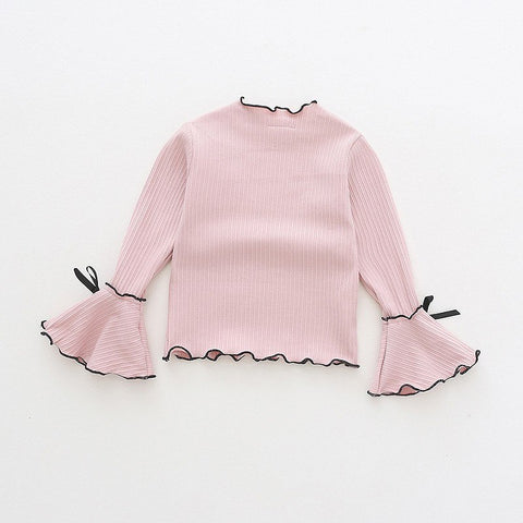 High Quality Baby Girls Spring Autumn Warm Solid Bowknot Sweatshirt Kids New Fashion Soft Cotton Long Ruffle Sleeve Clothing Top