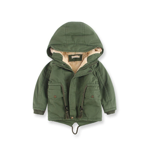 Hot European Winter Windbreaker For Boy Loose Warm Cotton Coats Boys Cap Thick Jacket Green Zipper Childrens Jackets 3-10 Years