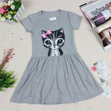 Hot Sale New Design Summer Girl Dress Cat Print Grey Pink Baby Girl Dress Children Clothing Children Short Sleeve Dress 2-8Years