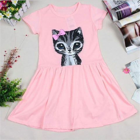 Hot Sale New Design Summer Girl Dress Cat Print Grey Pink Baby Girl Dress Children Clothing Children Short Sleeve Dress 2-8Years