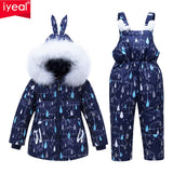 IYEAL Baby Girls 2PCS Thicken Fur Ear Hooded Snow Suit Duck Down Jacket with Warm Bib Pants Winter Pants Clothing Set for 1-4Y