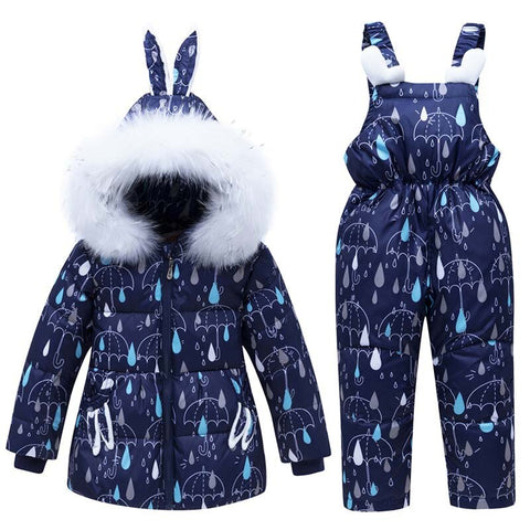IYEAL Baby Girls 2PCS Thicken Fur Ear Hooded Snow Suit Duck Down Jacket with Warm Bib Pants Winter Pants Clothing Set for 1-4Y
