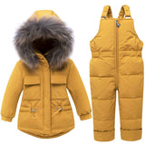 IYEAL Baby Kids Girl Clothing Sets  Russia Winter Real Fur Hooded Coat + Overalls Jumpsuit Snow Children Ski Suit 1 2 3 4 Years