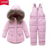 IYEAL Baby Kids Girl Clothing Sets  Russia Winter Real Fur Hooded Coat + Overalls Jumpsuit Snow Children Ski Suit 1 2 3 4 Years