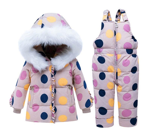 IYEAL Winter Children's Clothing Sets Baby Girls Warm Duck Down Snowsuit Toddler Puffer Hooded Jacket + Bib Pants 2 Pieces Set