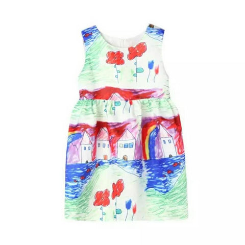Kid Little Baby Girls Dresses Summer Princess Party Costume Cartoon House Flower Graffiti Print Design Dress Children Clothes