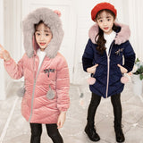 Kids Girls Winter Autumn Down Cotton Coat Hooded Velutum Fabric Thick Warm Clothes Girl Medium Length Jacket 4-12y