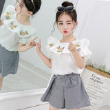 Kids Summer Clothes Embroidery Blouse+Plaid Bow Short Pants Casual Costume For Girls Teenage Girls Clothing 4 6 8 10 12 Years