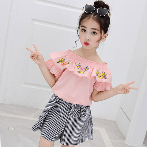 Kids Summer Clothes Embroidery Blouse+Plaid Bow Short Pants Casual Costume For Girls Teenage Girls Clothing 4 6 8 10 12 Years
