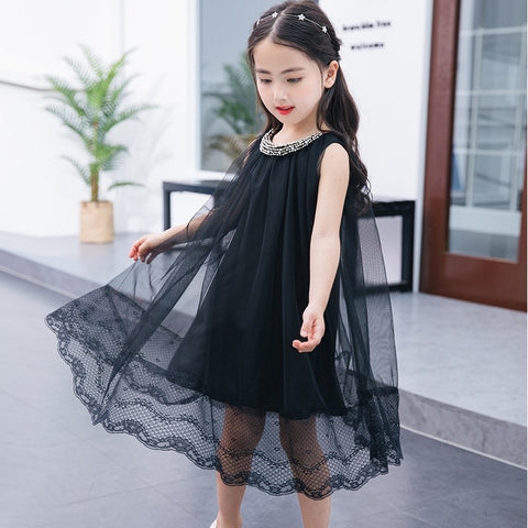 Kids Summer Clothing for Girls 3 5 7 9 10 12 Years Baby Teens Black A-line Beads Mesh Party Dresses Girls Holiday Clothes 5C49