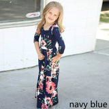Kids Teens Clothes for Baby Girls Long Sleeve Party Dress Floral Print Navy Blue Pink Black Green Children Girl Beach Dresses