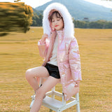 Kids Youth Winter Warm Kpop Waterproof Costumes Big Girl Children Faux Fur Collar Coat Snowsuit Long Parka White Pink Snow Wear