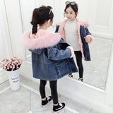 Korean Retro Style Kids Denim Windbreaker Jacket With Fur Hoodies For Toddler Girls Jeans Hooded Trench Coat Clothing