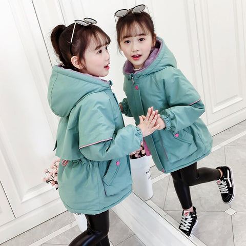 Korean Version Kids Winter Hooded Jacket for Girls Children's Winter Fleece Coats Outerwear for Girls Age 4 5 7 9 11 13 Year Old