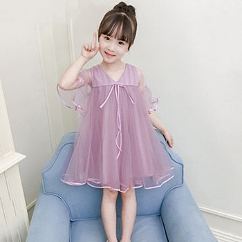 Lace Designer Flare Sleeve Summer Children Dresses V-Neck Solid Baby Kids Clothing Knee Length Cute Dress Party Frocks For Girls
