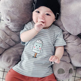 Summer Baby Striped Sweatershirts Toddler O-Neck Short Ice Cream Print Tops Cartoon Soft T-Shirts Casual Cotton Tees