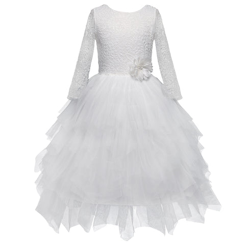 Long Ruffled Cake Dress for Girl Communion Gowns V-back White Lace Long Sleeves Irregul Hem Girls Dresses for Wedding Party