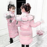 Long Style Baby Girl Winter Jacket Bright Coat Outerwear With Hoodies Korean Kids Teenager Clothes Outfits Waterproof Windproof