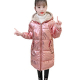 Long Style Winter Warm Children's Rabbit Fur Jacket For Girls Silver Pink Color Kids Warm Hooded Coat Outerwear Age 4 To 13Years