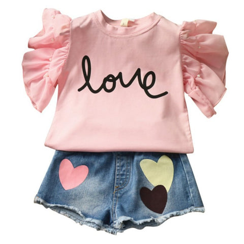 Lovely Children Girl Summer Flying Sleeve Letter T-shirt Top+Jeans Pants Sport Clothing Set