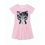 Little Girls Cat Print Summer Dress Kids Short Sleeve Gray Casual Outfit Vintage Flared T Shirt Dresses for 2-8 Years
