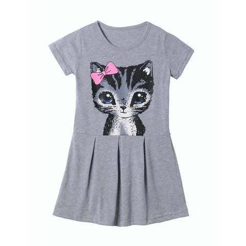 Little Girls Cat Print Summer Dress Kids Short Sleeve Gray Casual Outfit Vintage Flared T Shirt Dresses for 2-8 Years