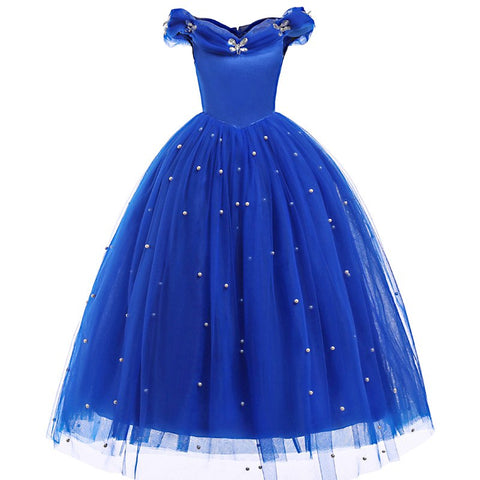 Princess Cinderella Dress up Clothes Girl Off Shoulder Pageant Ball Gown Kids Deluxe Fluffy Bead Halloween Party Costume