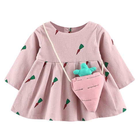2018 New Brand Baby Dresses Long Sleeve Cute Toddler Baby Girl Carrot Print Princess Dress+Small Bag #5-6