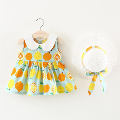 Baby Clothes Flower And Lemon Baby Dress New Summer Cartoon Baby Girls Dress Plus Hat For 0-4 Y