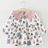 Baby Girls Dress 2018 New Autumn Casual Style Cartoon Small Trees Ruched Coll A-Line Dress Lantern Sleeve Baby Dress