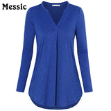 New Autumn V-Neck Long Sleeve Women Knitted Blouse Pleated Elegant Work Shirts Casual Curved Hem Female Solid Tunic Tops