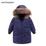 Mudkingdom Girls Down Coat Long Hooded Moon Star Print Fur-Collar Kids Outerwear for Toddler Winter Mid-length Jacket Clothing