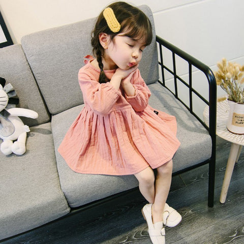 New 2018 Girls Dress Retro Cotton and Linen Girls Small Fresh Long-sleeve Dresses Baby Dress Princess Solid Casual Bow Dresses