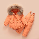 2pcs Winter Warm Thick Down Jacket Jumpsuit for Kids Baby Boys Girls Fur Hooded Coat Clothes Suit Toddler Snow Wear Overcoat
