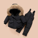 2pcs Winter Warm Thick Down Jacket Jumpsuit for Kids Baby Boys Girls Fur Hooded Coat Clothes Suit Toddler Snow Wear Overcoat