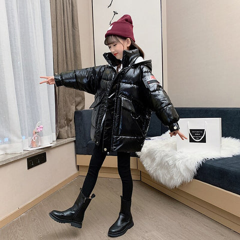 Children's Silver Shiny Jacket For Girls Hooded Winter Kids Clothes Girl Warm Parka Coat Outerwear For 4 to 13 Years