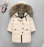 New Children Down Jacket Boy Girls Raccoon Fur Hooded Winter Coats Solid Color Baby Kids Parka Outerwear