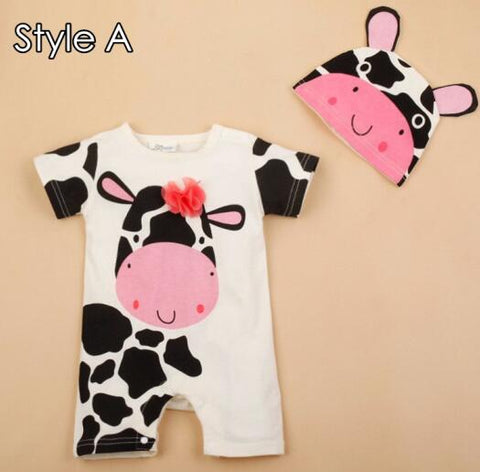New Cute Baby Girl Clothes Infant Toddler 2017 Summer Cartoon Be Cow Printed Short Sleeve Romper and Cap Set Baby Boy Clothing