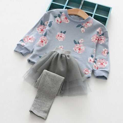New Girls Clothing Sets Spring&Autumn We Girls Clothes Cotton Printing Long Sleeves Net yarn splicing Dress Pant Kids Sets
