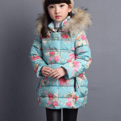 Girls Winter Jackets Print Flower Hooded Thickness Kids Coats  Winterjas Meisjes  Winter Jacket   8WC036