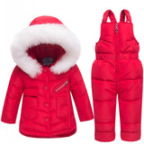 New Kids Baby girl boy detachable fur hooded co Snow we Jacket+ bib pants jumpsuit winter down clothes sets 2 3 4 girl boy