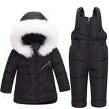 New Kids Baby girl boy detachable fur hooded co Snow we Jacket+ bib pants jumpsuit winter down clothes sets 2 3 4 girl boy