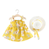 New Summer Baby Dress Bow Sleeveless Floral Beach Baby Girl Dress with Hat A-Line Cotton Infant Dresses for Girls Clothes