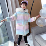 Winter Cotton Jacket For Children Rainbow Color Thick Coat Teen Girls With Warm Fur Collar Long Style Outerwear Kids 4-13Yrs