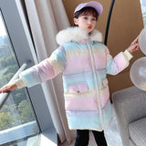 Winter Cotton Jacket For Children Rainbow Color Thick Coat Teen Girls With Warm Fur Collar Long Style Outerwear Kids 4-13Yrs