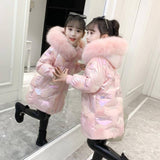 Year Girls Down Jackets Outwear Fur Hooded Waterproof Windproof 2 Colors Sequin Coat Warm Children Outerwear For 4 6 8 10 12