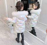 Year Girls Down Jackets Outwear Fur Hooded Waterproof Windproof 2 Colors Sequin Coat Warm Children Outerwear For 4 6 8 10 12