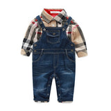 New gentleman clothes sets baby boys long sleeve cotton plaid t shirt +denim overalls suit autumn infant clothing  borns dress
