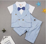 New gentleman we baby boys plaid short sleeve cotton fake vest t shirt +shorts suit fashion children's party clothes 17J701